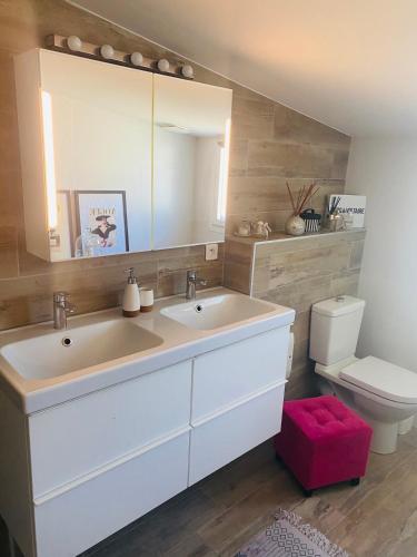 une salle de bain avec un lavabo, des toilettes et un miroir dans l'établissement Villa Zanzibar Porto-vecchio, à Porto-Vecchio