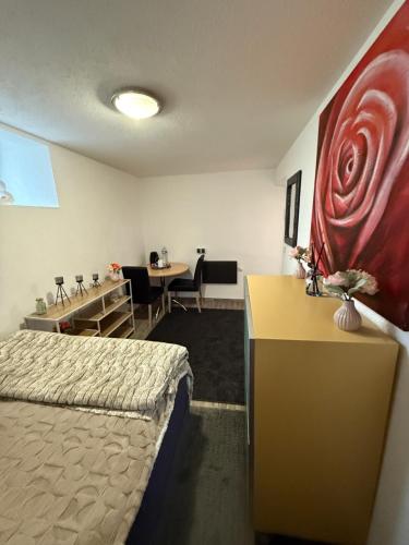 - une chambre avec un lit et une table ainsi qu'une chambre avec un lave-vaisselle dans l'établissement Larkon, à Huningue