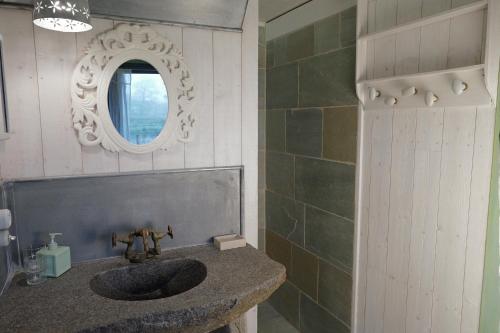 une salle de bain avec un lavabo et un miroir dans l'établissement Au Pont Ricoul, à Saint-Pierre-de-Plesguen