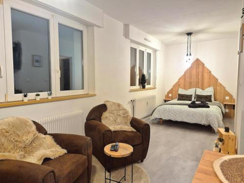 - un salon avec un lit, un canapé et des chaises dans l'établissement Le Repaire de la Marmotte, à Mulhouse