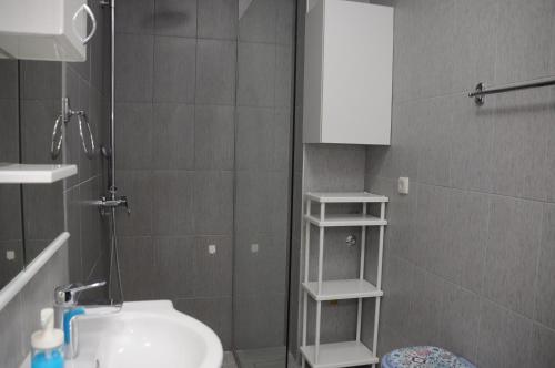 un bagno con lavandino, doccia e WC di Sobe Sova Kikinda a Kikinda