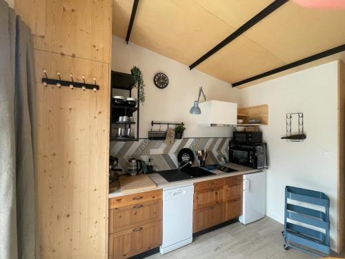 une cuisine avec un évier et une cuisinière four supérieur dans l'établissement Ar Kabanenn, la cabane bretonne cosy, à Noyal-Muzillac