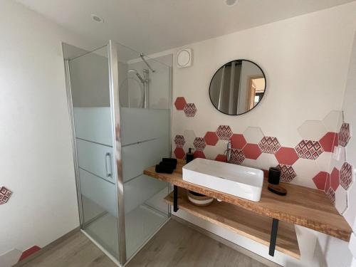 une salle de bain avec un lavabo et une douche dans l'établissement Ar Kabanenn, la cabane bretonne cosy, à Noyal-Muzillac