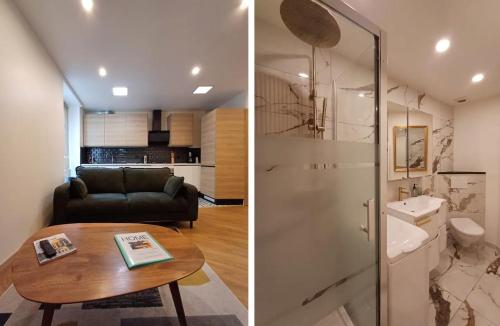 - deux photos d'une salle de bains et d'un salon dans l'établissement Apt Moderne 2 chambres 5 voyageurs Paris, à Paris