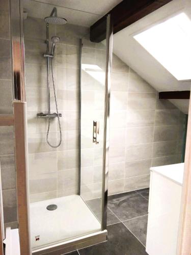 une douche avec une porte vitrée dans une salle de bain dans l'établissement Lac et étoiles, à Savines