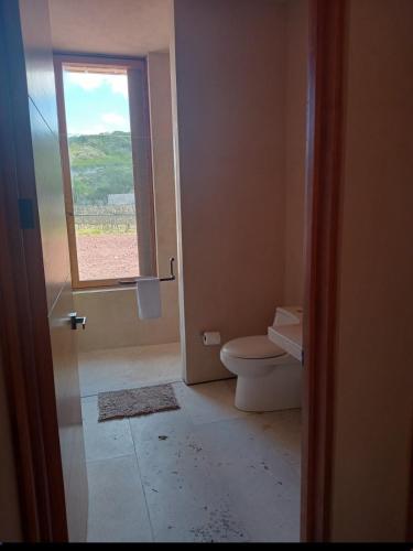 a bathroom with a toilet and a window at Casa Yazmín- Viñedos Puerta del Lobo in Amascala