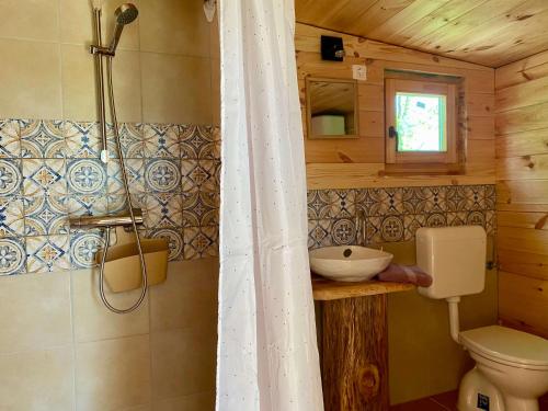 a bathroom with a toilet and a shower in a cabin at Kerca Bio Farm in Kercaszomor