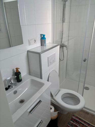 a white bathroom with a toilet and a shower at Chalet Lutafaro near beach Petten in Petten