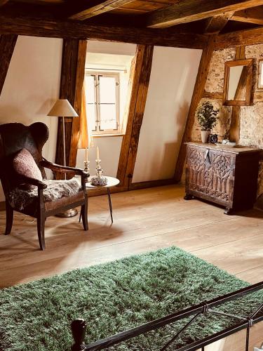 a living room with a chair and a green rug at Ickelhaus 2 in Bad Windsheim