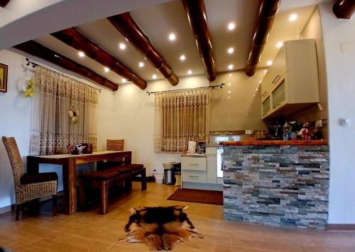 a dog laying on the floor in a kitchen at Forest house ALEKSANDAR in Srbac
