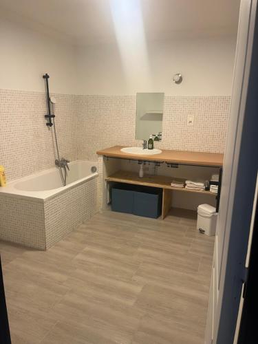 La salle de bains est pourvue d'une baignoire, d'un lavabo et d'une baignoire. dans l'établissement Appartement entier 1 à 4 personnes au calme avec parking gratuit, à Nîmes
