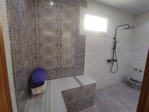 a bathroom with a shower and a tub and a window at Appartement entier avec Terasse, Hammam, BBQ in Alger