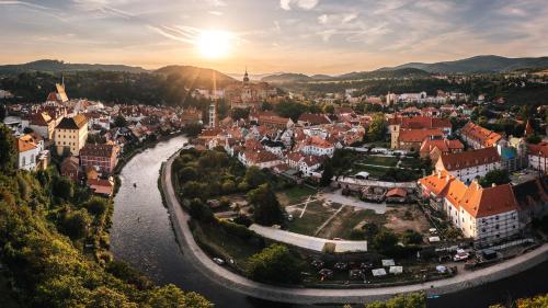 an aerial view of a town with a river at Pension Faber in Český Krumlov