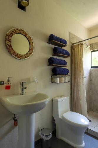 a bathroom with a sink and a toilet and a mirror at Condo Temis Vallarta in Puerto Vallarta