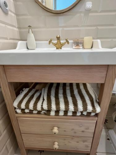 a bathroom vanity with a sink and a mirror at Apartmány Naxarův dvůr in Horažďovice