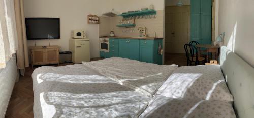 a bedroom with a bed and a kitchen with blue cabinets at Apartmány Naxarův dvůr in Horažďovice