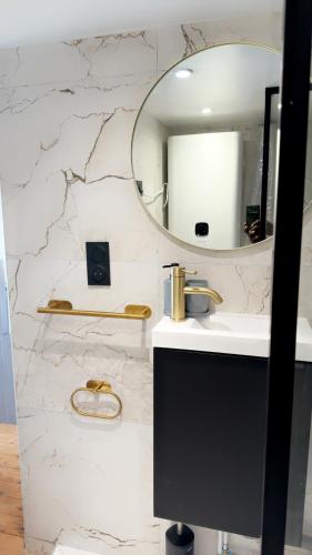 une salle de bain avec un lavabo et un miroir dans l'établissement Le Gris métal, T2 duplex, centre ville historique, à Bourges