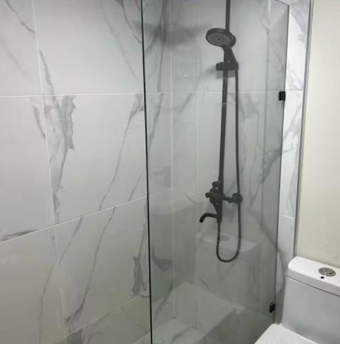 a shower with a glass door next to a toilet at Solano Apartamentos in Boca Chica