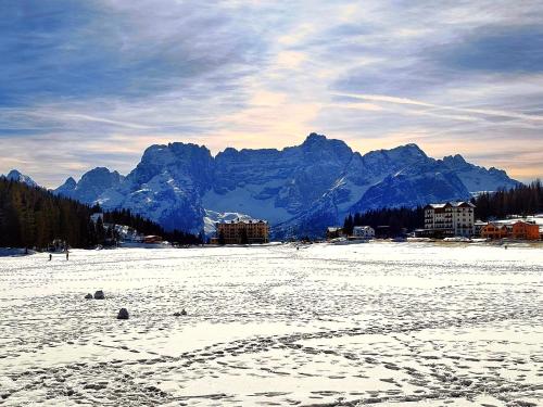 a snow covered field with a mountain in the background at Appartaments Lavaredo in Carbonin