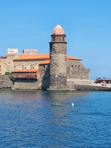 ein Gebäude auf dem Wasser mit einem Turm im Wasser in der Unterkunft Mer et dune - Les Caravelles in Saint-Cyprien