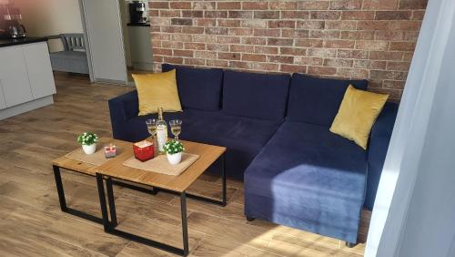 ミエンジボジェにあるLoftowe Zacisze nad Bałtykiem - 5 to the Seaのリビングルーム(青いソファ、テーブル付)
