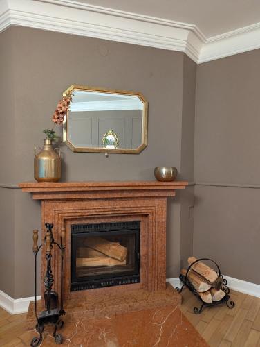 a living room with a fireplace with a mirror at Wald Villa Schönau in Schönau an der Brend