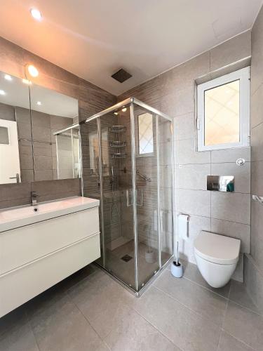 a bathroom with a shower and a toilet and a sink at Apartment by the beach in Anavissos