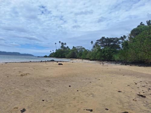 a sandy beach with trees and the ocean on a cloudy day at Jima's Home Retreat in Matei