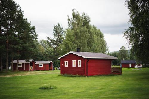 a red cabin in the middle of a green field at Björkebo Camping in Stöllet