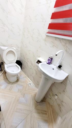 a bathroom with a white sink and a toilet at stay at Creo's one bedroom swimming pool and gym in Ibeju
