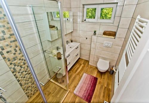 a small bathroom with a shower and a toilet at House Brapa in Hrvace