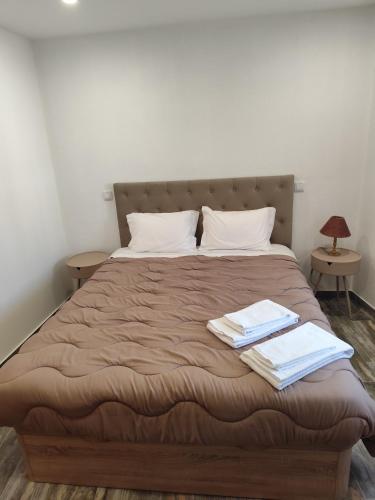 a bedroom with a bed with two tables and a lamp at Casinhas da aldeia-casa da xiquita in Seia