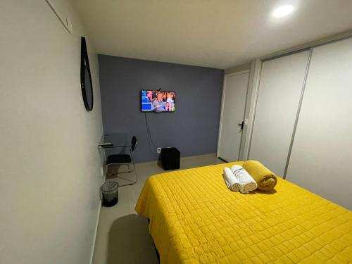 巴西利亚Casa do Naldo的一间卧室配有黄色的床和电视
