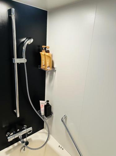 a bathroom with a shower and a sink at Hakuba Cottage ICHIZAEMON in Hakuba