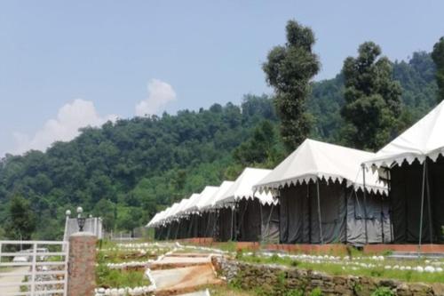 a row of tents in a field with a mountain at Kedarnath Eco Retreat by StayApart in Barmoāri