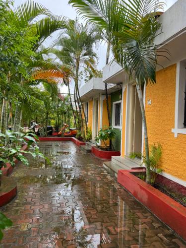 a rain soaked courtyard with palm trees and a building at Amrapali Resort in Top