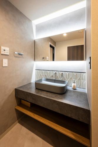 a bathroom with a sink and a mirror at GIVE Meidaimae in Tokyo