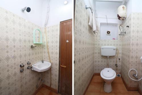 two pictures of a bathroom with a toilet and a sink at Hotel O Sonu in Tarapith