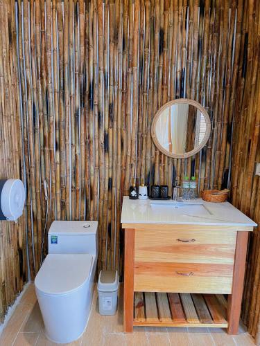 a bathroom with a toilet and a sink and a mirror at LayLa Homestay in Lạc Dương