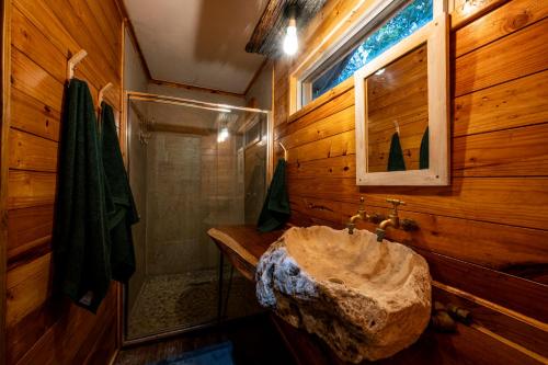 y baño con lavabo de piedra y ducha. en Matumi Trail Forest Lodges - Matumi and Mitzeeri, en Tzaneen