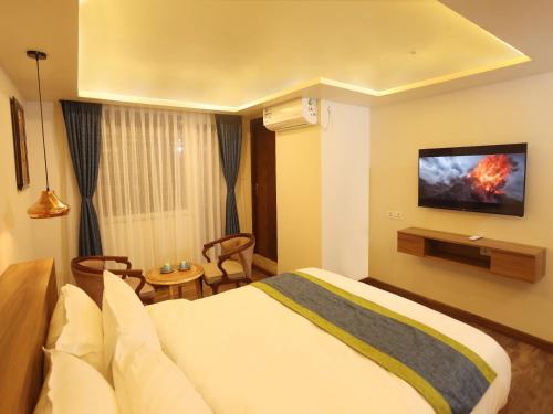 ein Hotelzimmer mit einem Bett und einem TV an der Wand in der Unterkunft Harsha Boutique Hotel in Kathmandu