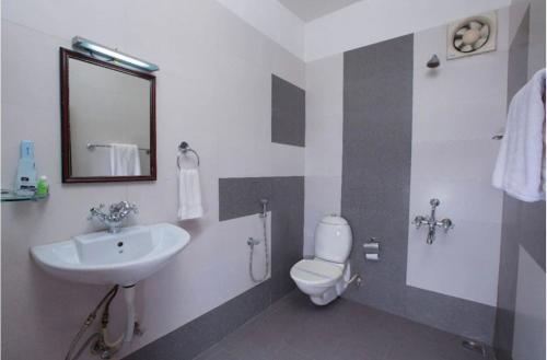 a bathroom with a sink and a toilet and a mirror at Lazo Golden Valley Resort , Munnar in Munnar
