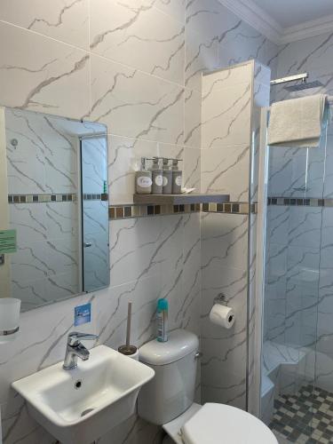 a bathroom with a sink and a toilet and a mirror at Executive Suites and Spa in Letlhakawe