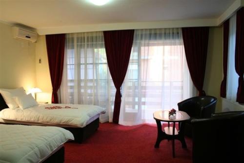 a hotel room with a bed and a table and a window at Vila Prica in Niška Banja