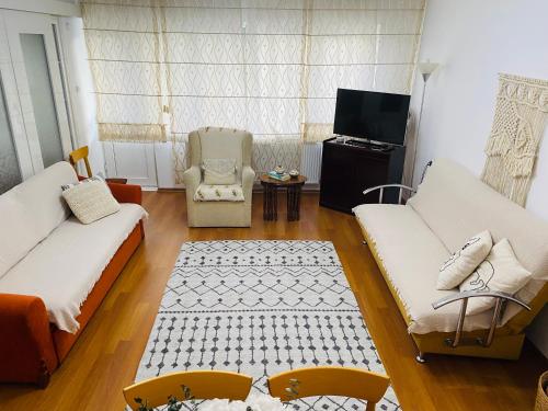 a living room with two couches and a tv at Aydınoğlu Suites in Denizli