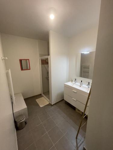 une salle de bain avec un lavabo blanc et un miroir dans l'établissement Le peupliers, avec parking pour 6 personnes, à La Rochelle