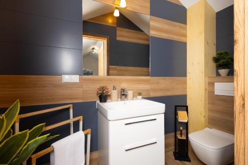 a bathroom with a sink and a toilet at Beskid Apartment 11 z widokiem na góry, Sauna, Jacuzzi in Szczyrk