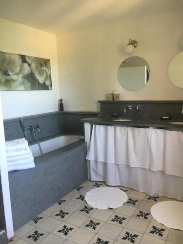 une salle de bain avec une baignoire, un lavabo et un miroir dans l'établissement le mas du cypres, 12 pers et piscine, à Aigaliers
