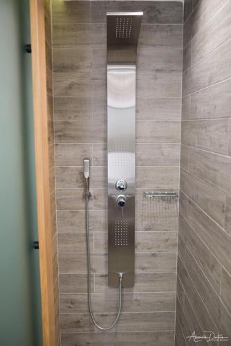 a shower stall with a phone in a bathroom at Thalassa Apart Hotel in Alexandroupoli