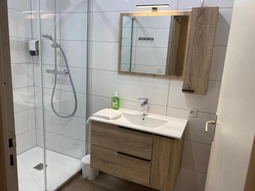 a bathroom with a sink and a shower at Gîte - Auberge du Midi in Saint-Antoine